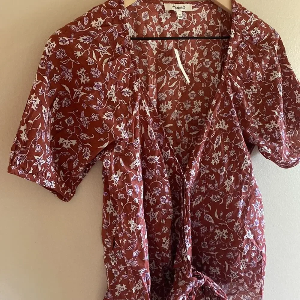 NWT Madewell Floral Wrap Top XS Rust Floral Puff Sleeve Tie Waist Blouse